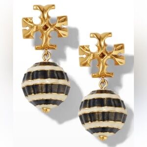 Tory Burch Roxanne TB logo drop earrings with black & white striped enamel ball